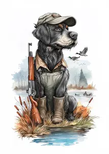 Hunter Dog Wearing Boots and Cap by Wetlands with Rifle and Ducks