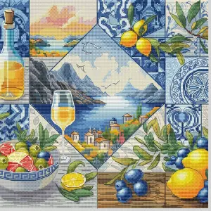 Mediterranean Still Life and Coastal Scene Cross-Stitch Artwork