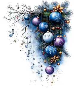 Festive Christmas Ornaments and Pine Branches with Musical Notes