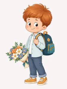 Illustration of Young Boy with Backpack and Bouquet of Flowers