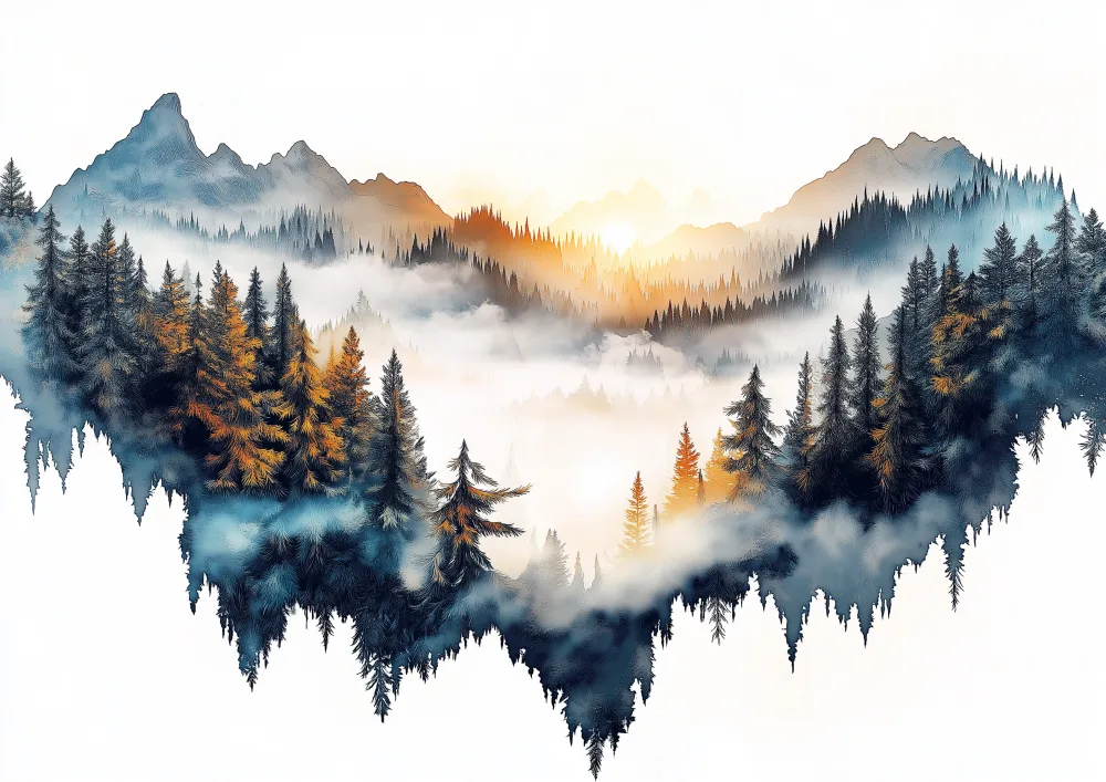 Misty Sunrise Over Mountain Forest Landscape
