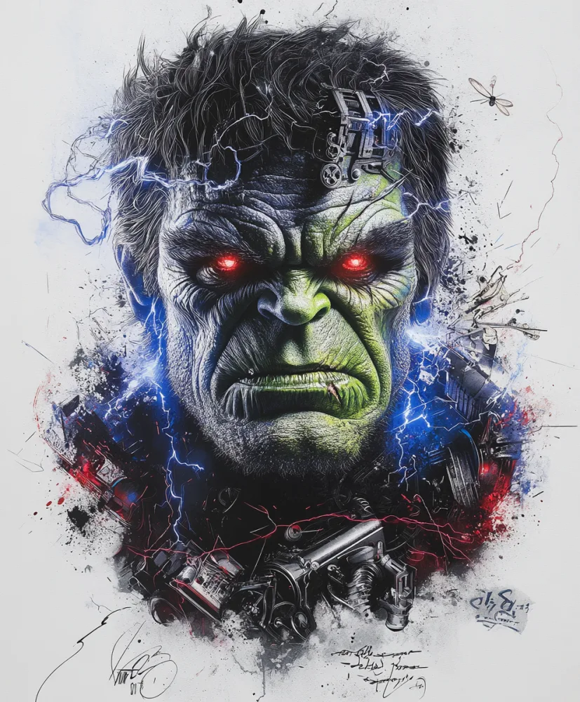 Digital Art of a Cybernetic Hulk with Glowing Red Eyes