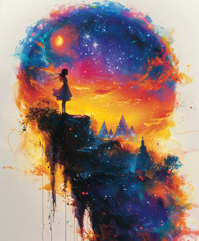 Silhouette of Girl on Cliff Under Colorful Starry Sky at Dusk