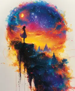 Silhouette of Girl on Cliff Under Colorful Starry Sky at Dusk