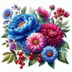 Colorful Bouquet of Blue and Pink Flowers with Red Berries