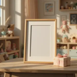 Wooden Picture Frame and Gift Box on Table in Cozy Children's Room