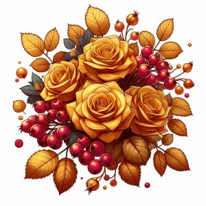 Autumn Bouquet of Yellow Roses with Red Berries and Fall Leaves