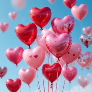 Red and Pink Heart-Shaped Balloons Floating in Blue Sky