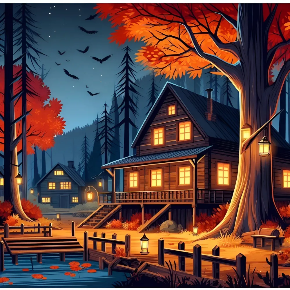 Cozy Autumn Cabin by the Lake at Twilight