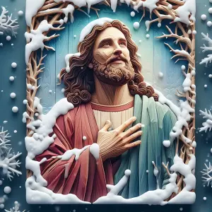 Detailed Wood Carved Jesus Portrait with Snow and Winter Frame