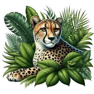 Cheetah Resting Among Tropical Jungle Foliage