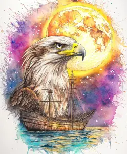 Surreal Painting of an Eagle and Historic Ship under a Bright Moon