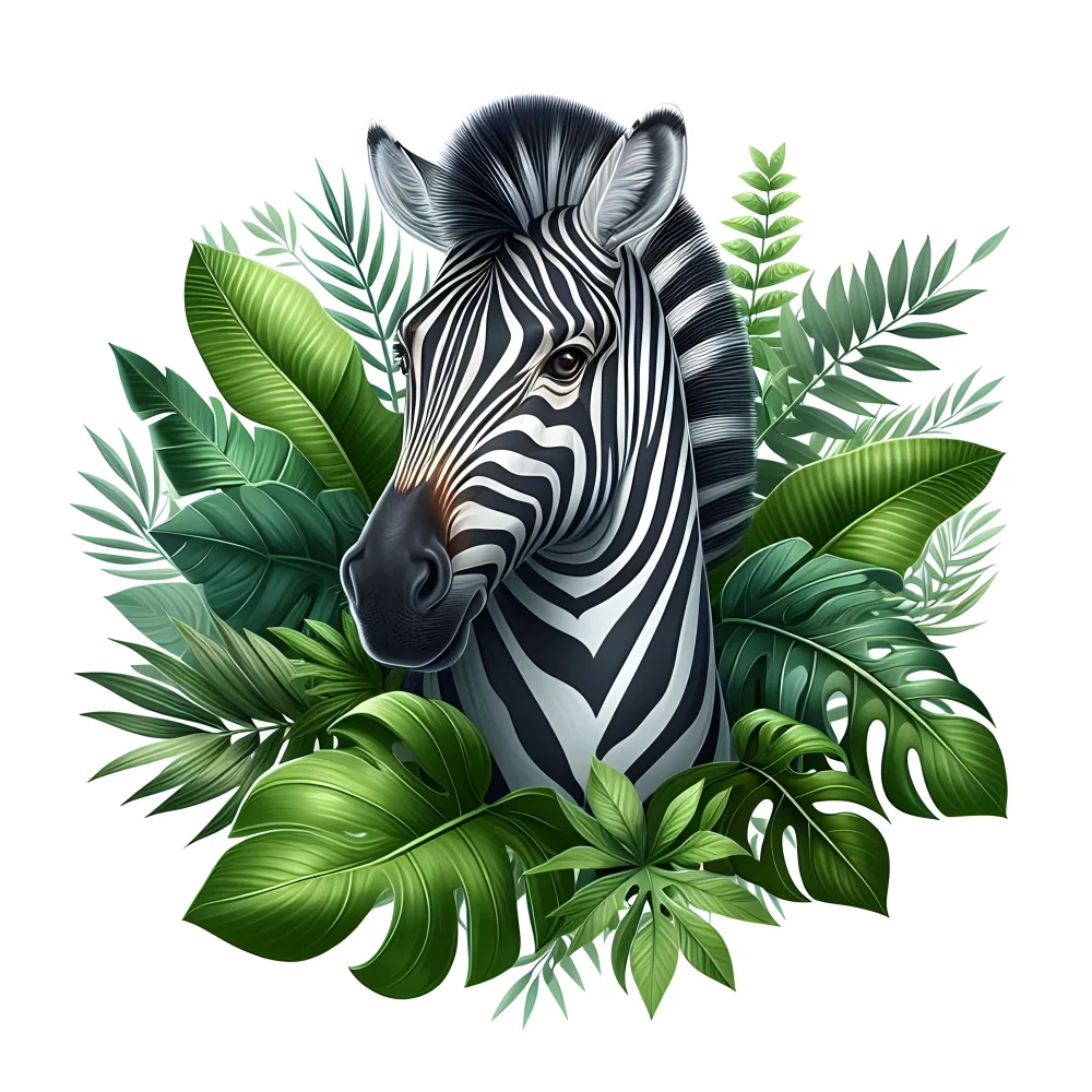 Zebra Head Surrounded by Tropical Green Leaves