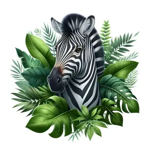 Zebra Head Surrounded by Tropical Green Leaves