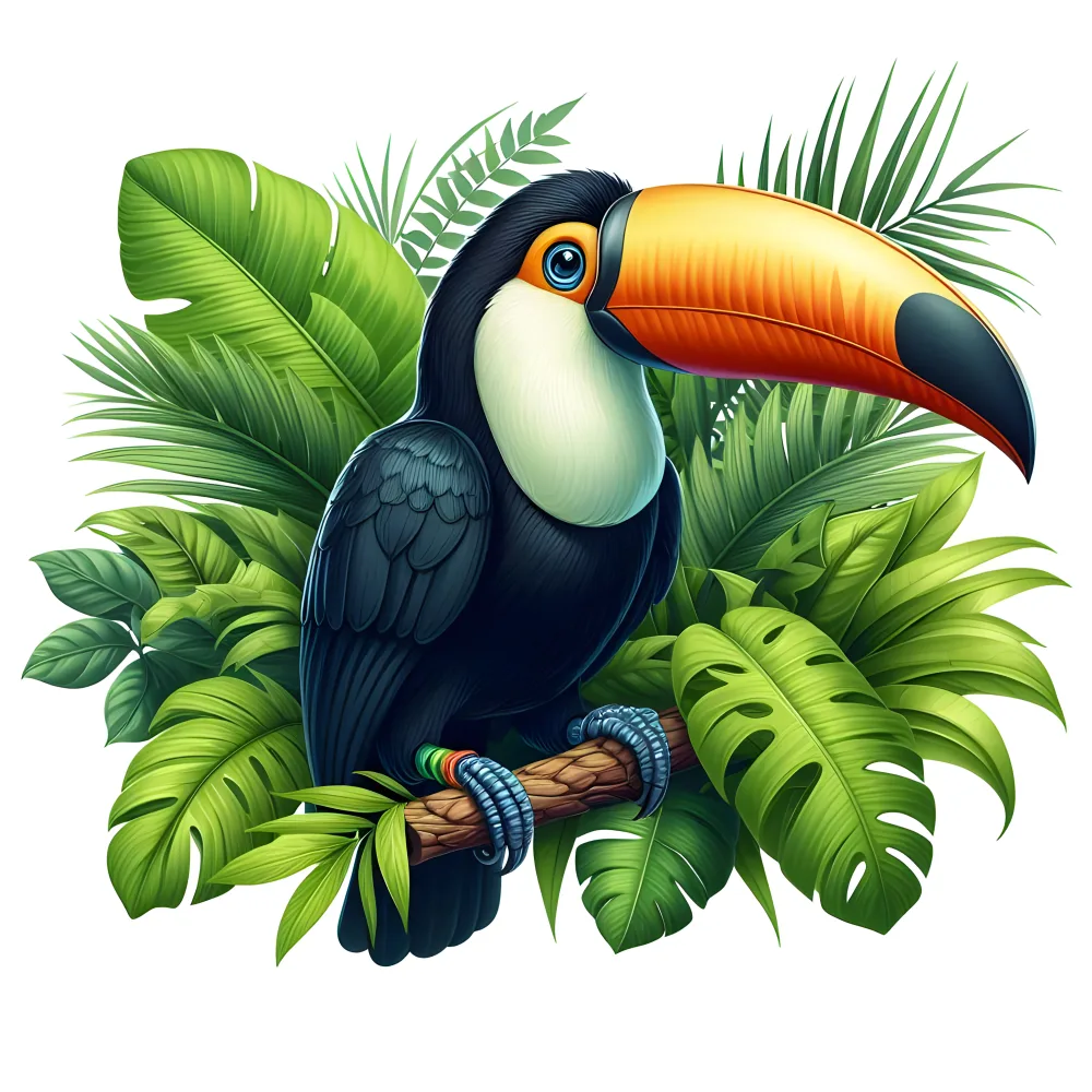 Colorful toucan perched on tropical branch with lush green leaves