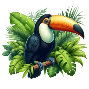 Colorful toucan perched on tropical branch with lush green leaves