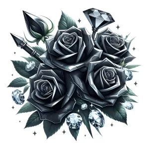 Black Roses with Diamond Accents and Green Leaves