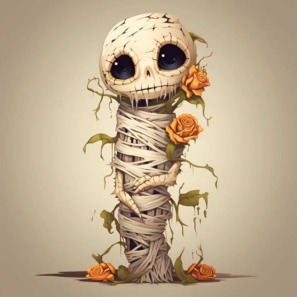 Cute Creepy Mummy Character Wrapped in Bandages with Orange Roses
