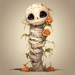 Cute Creepy Mummy Character Wrapped in Bandages with Orange Roses