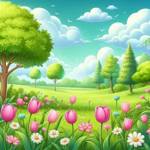 Sunny Spring Meadow with Tulips and Trees