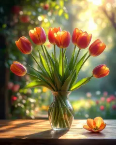 Orange Tulip Bouquet in Glass Vase with Sunlit Garden Background