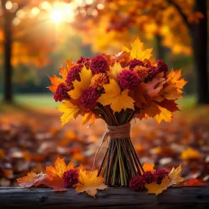 Autumn Bouquet of Red Flowers and Orange Maple Leaves at Sunset