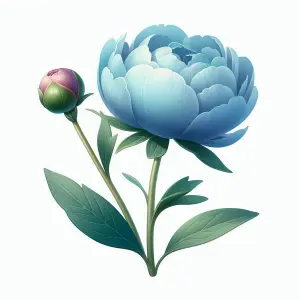 Blue Peony Flower with Bud and Green Leaves