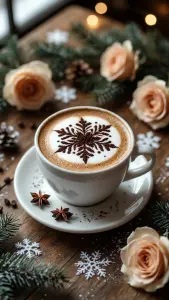 Winter-themed Latte with Snowflake Cocoa Art and Spices