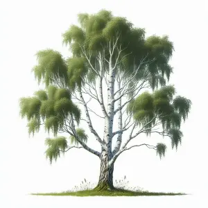 Silver Birch Tree with Green Leaves on White Background