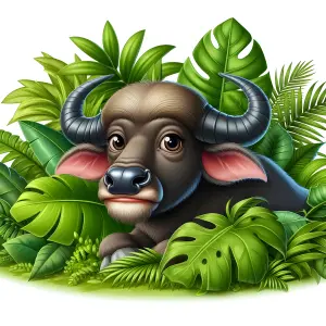 Cute Water Buffalo Amid Lush Tropical Greenery