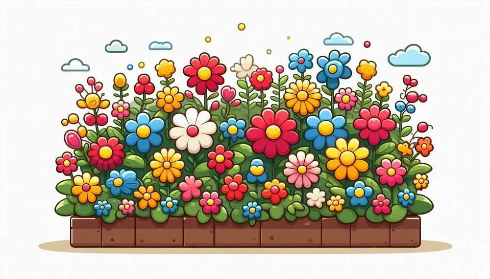 Colorful Cartoon Garden Bed with Various Flowers