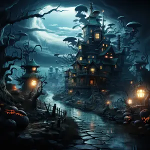 Spooky Halloween Village with Haunted House and Jack-o'-Lanterns at Night