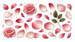 Varied Pink Rose Petals and Two Blooms with Leaf Stem