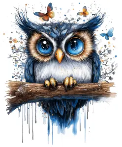 Colorful Artistic Owl with Large Blue Eyes and Butterflies