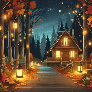 Cozy Autumn Night Cabin in Forest with Lanterns