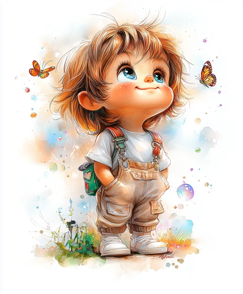 Adorable Child in Overalls Looking at Butterflies