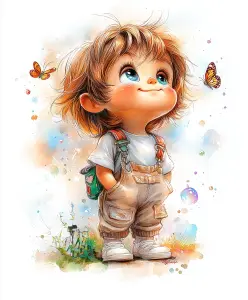 Adorable Child in Overalls Looking at Butterflies