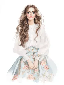 Watercolor Illustration of Young Woman with Flowing Hair and Floral Skirt