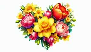 Bright bouquet of tulips and daffodils on white background