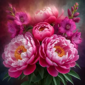Vibrant Pink Peonies and Gladiolus Bouquet Against Soft Background