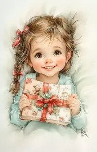 Smiling Little Girl with Braided Hair Holding a Wrapped Gift
