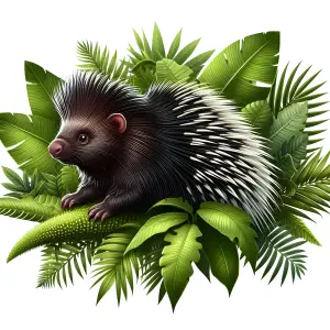 Porcupine Surrounded by Tropical Green Leaves