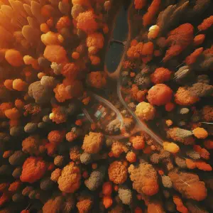 Aerial View of Autumn Forest with Road and Pond
