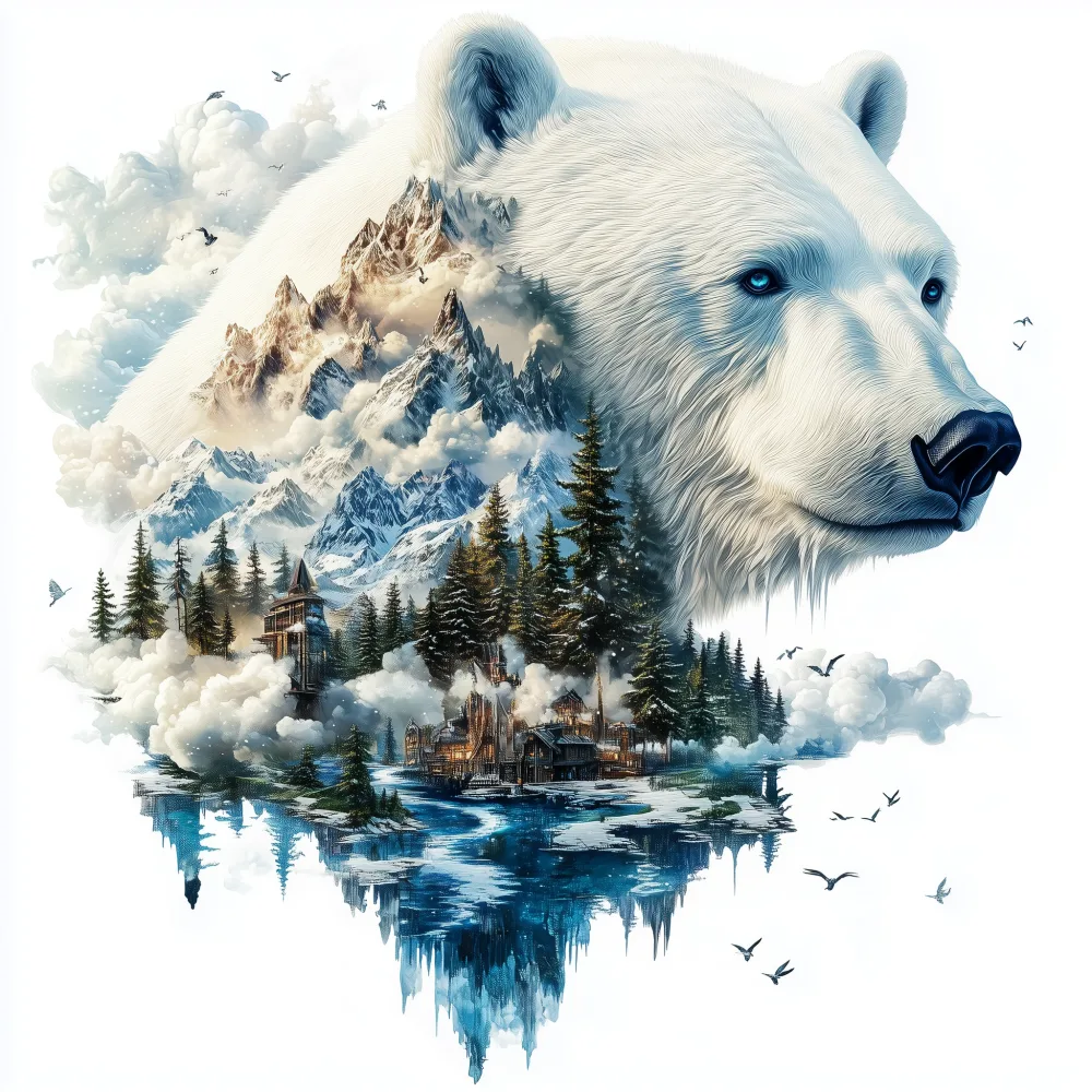 Double Exposure of Polar Bear and Mountain Landscape with Forest and Village