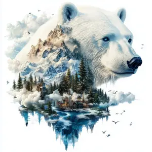 Double Exposure of Polar Bear and Mountain Landscape with Forest and Village