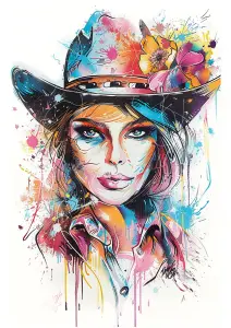 Colorful Artistic Portrait of Woman in Cowboy Hat with Flowers