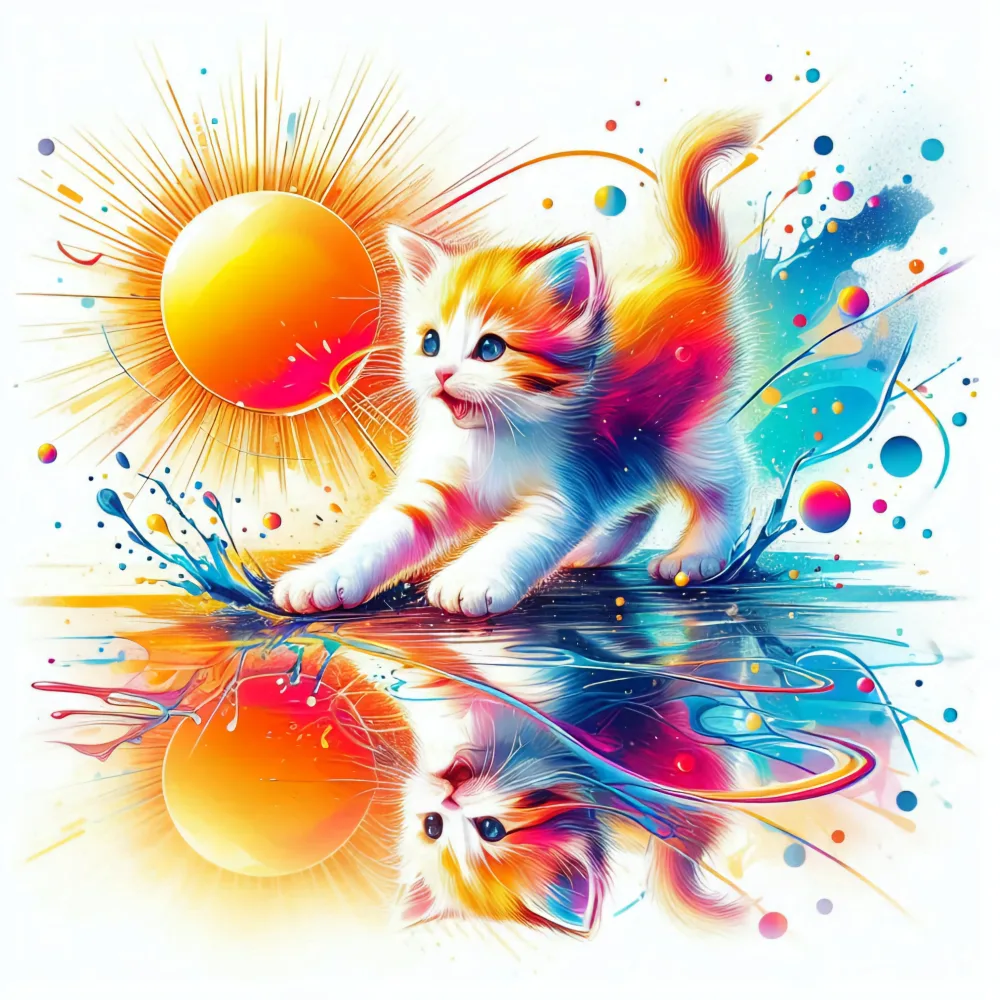 Colorful Kitten Playing by Reflective Water Under Radiant Sun