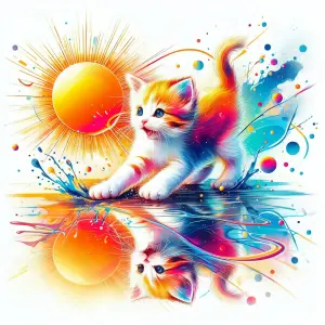 Colorful Kitten Playing by Reflective Water Under Radiant Sun