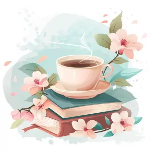 Illustration of hot coffee cup on books with blooming flowers