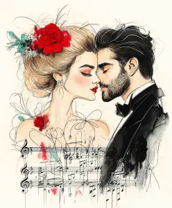Romantic Couple Embracing with Musical Notes Illustration